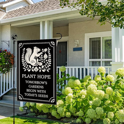 Plant Hope Tomorrow's Gardens Begin With Today's Seeds Garden Flag Banner, Double Sided Farmhouse Outdoor Lawn Decor Yard Flag Gifts, Funny Squirrel Gardening Gifts, Nature-Themed Flags