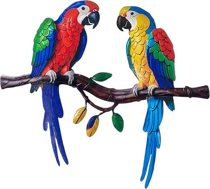 Limygus Tropical Metal Parrot Wall Art, Colorful Double Bird Garden Decor, Outdoor Hanging Decorations for Patio, Fence, Yard, Living Room, Balcony