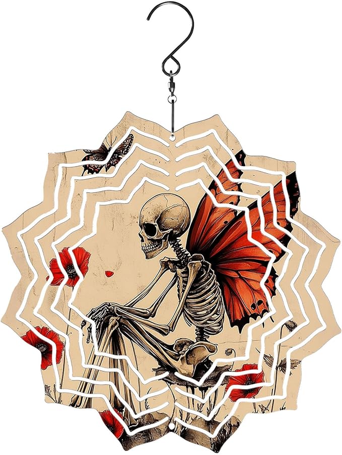 8 Inch Sublimation Wind Spinner, 3D Aluminum Metal Wind Spinner with Hook, Indoor Yard Garden Hanging Decoration, Weather Resistant Rotating Spiral Ornament, Skeleton with Butterfly Wings