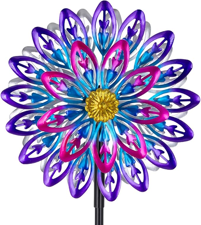 360°Metal Wind Spinner Outdoor,4 Layers Kinetic Wind Sculptures & Spinners with 5-Prond Metal Stake for Yard Patio Lawn Garden Decor