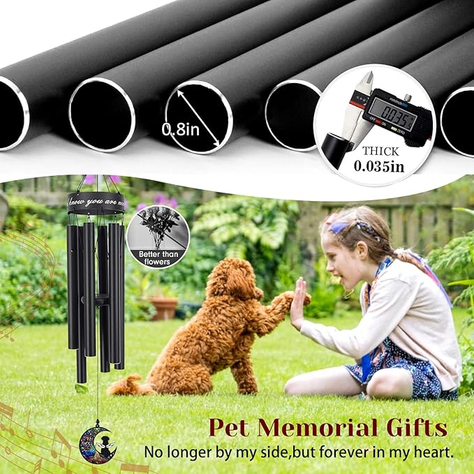 35" Pet Memorial Wind Chime, Pet Sympathy Gift for Loss of Dog, Dog Memorial Wind Chime with Stained Moon, Hand Tuned Aluminum Wind Chimes for Outdoor Garden Porch Remembrance Decor, Black