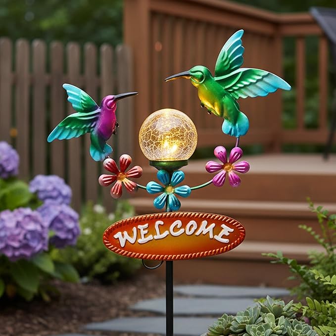 Outdoor Solar Garden Stakes Welcome Sign, 2 Flying Hummingbirds with Cracked Glass Ball,Decorative Garden Stakes for Lawn, Patio, Hummingbird Gifts for Women