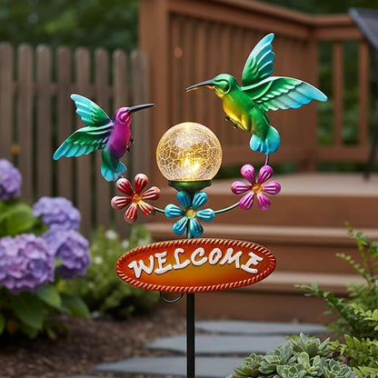 Outdoor Solar Garden Stakes Welcome Sign, 2 Flying Hummingbirds with Cracked Glass Ball,Decorative Garden Stakes for Lawn, Patio, Hummingbird Gifts for Women