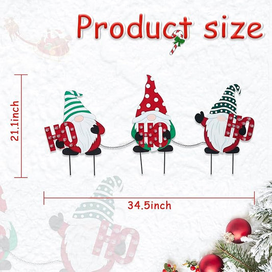 WONDER GARDEN 3 PCS Christmas Yard Signs Christmas Decorations Outdoor, Metal Xmas Yard Stakes Gnomes Lawn Decor, Xmas Garden Stakes with Led Lights for Patio Pathway Outside Decorations