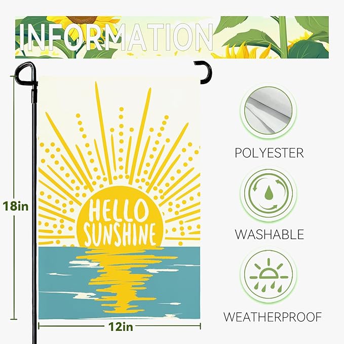 Hello Sunshine Summer Garden Flag Boho Sunset Over Sea Yard Flags Vertical Yard Decorations Outdoor Flag Farmhouse Porch Lawn Patio for Outside 12x18 Double Sided