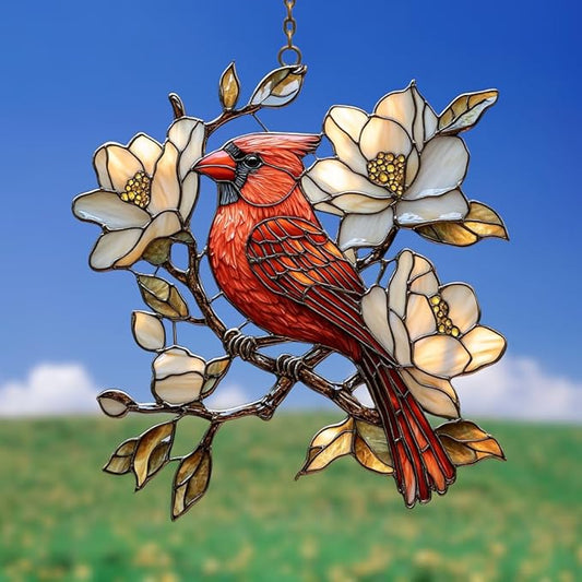 Vivid Cardinal Floral Tiffany Art Acrylic Suncatcher Stained Glass Effect Window Car Hanging Christmas Ornament Indoor Outdoor Decor Garden Sun Catcher Panel for Cardinal Lover for Women Mom Grandma