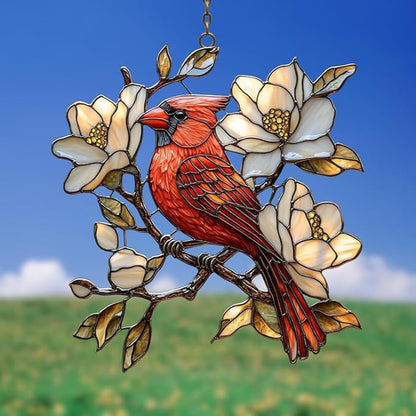 Vivid Cardinal Floral Tiffany Art Acrylic Suncatcher Stained Glass Effect Window Car Hanging Christmas Ornament Indoor Outdoor Decor Garden Sun Catcher Panel for Cardinal Lover for Women Mom Grandma