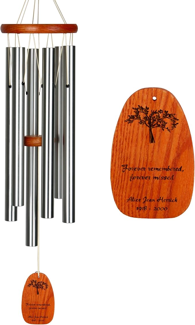Woodstock Wind Chimes Personalized Amazing Grace Memorial Chime for Outside 24'' Medium Silver Sympathy Customized Forever Inspirational Wind Chime for Outdoor Patio Home Garden Decor (P-AGMS01)