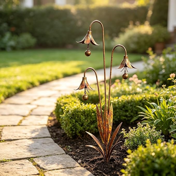 Triple Bluebells Garden Stake, Metal Garden Decor for Outside with Bells, Metal Flower Garden Stakes for Walkways, Patios & Lawn, Metal Flowers Outdoor Decor, Flower Yard Statue Art Decor