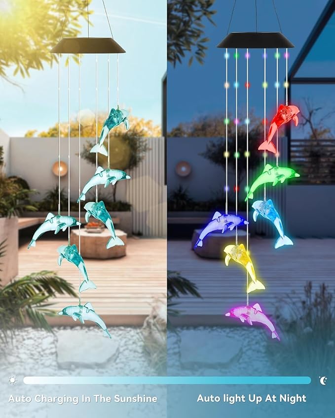 DOUBLEZHE Solar Wind Chime for Outside, Color Changing Dolphin Wind Chime Outdoor, Mom Gifts for Mothers Day Grandma Gift, Unique Garden Decor Colorful Patio Yard Party Decoration