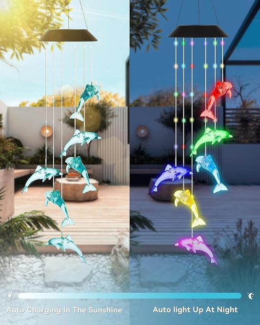 DOUBLEZHE Solar Wind Chime for Outside, Color Changing Dolphin Wind Chime Outdoor, Mom Gifts for Mothers Day Grandma Gift, Unique Garden Decor Colorful Patio Yard Party Decoration