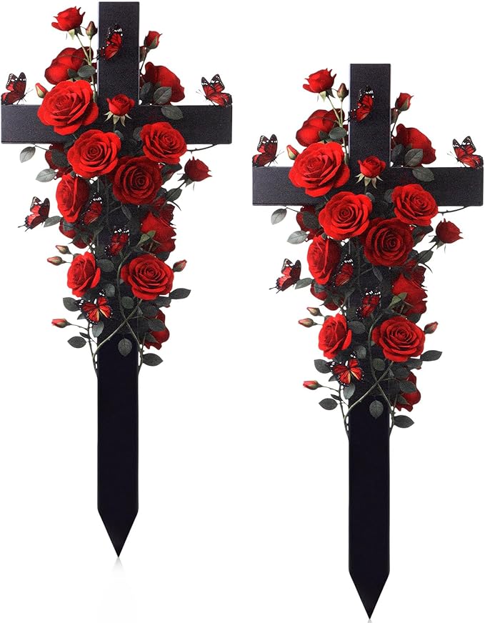 Frienda 2 Sets Cemetery Flowers Grave Stake Metal Floral Decor for Tombstone, Outdoor Gravesite Markers for Mom Dad, Memorial Day Spring Easter Grave Decor(Cross,Red)