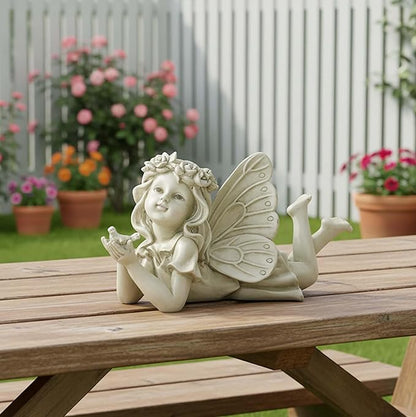 Lying Fairy Garden Statue with Bird – Resin Angel Figurine for Outdoor Garden Decor, Fairy Garden Sculpture for Yard, Patio or Flower Bed – 11" Garden Fairy Figurine