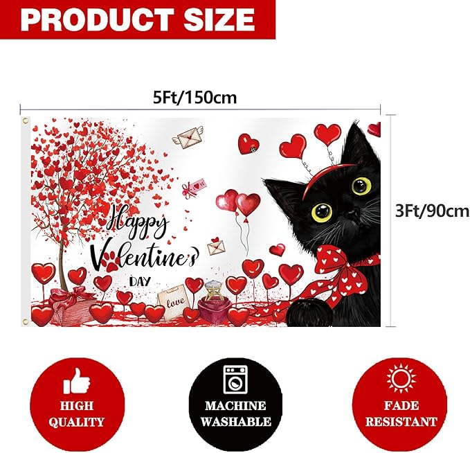 SENSEVEN Valentine's Black Cat Flags for Outside 3x5 Ft, Spring Wedding Flag, Couple Anniversary Yard Flag Spring Holiday Outdoor Banner for Porch Farmhouse Decor, Valentine's Party Supplies