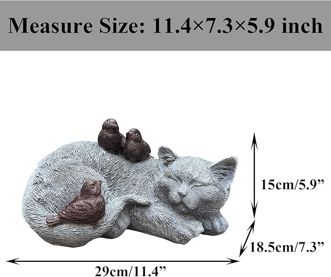 Resin Sleeping Cat Memorial Statue with Birds – Indoor Outdoor Garden Figurine Decor for Patio, Yard & Home, Realistic Tribute Sculpture, Sympathy Gift for Pet Lovers (11.4×7.3×5.9 in)