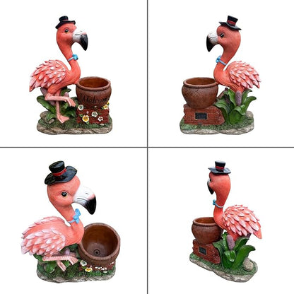 Flamingo Garden Statue Planter with Welcome Sign & Solar LED Light, Waterproof Outdoor Resin Yard Decor, Front Porch Ornament Housewarming Gift(Left Pink Flamingo)