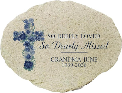 GiftsForYouNow Personalized Blue Floral Memorial Cross Small Flat Garden Stone - Elegant Tribute for Loved Ones - Decorative Stone