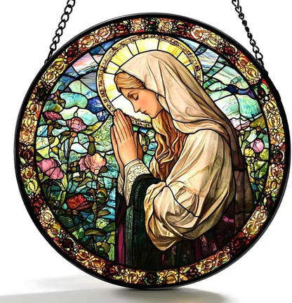 Funoasis Stained Glass Window Hanging 6.3 Inches Suncatcher - The Virgin Mary Prays in The Garden Ornaments Sun Catcher Home Decor Women Birthday