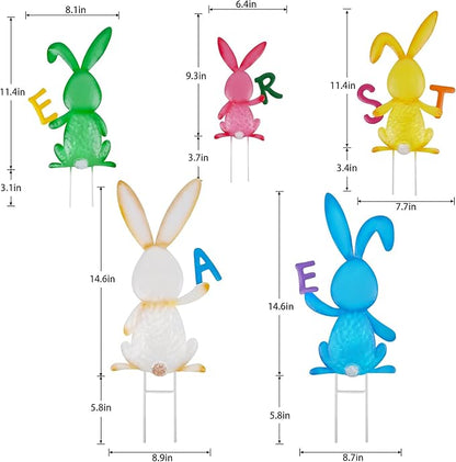 5 PCS Easter Garden Stakes Decoration, Metal Adorable Bunny Yard Signs Holding Easter Spelling Letters for Courtyard Spring Lawn Flowerbed Patio Holiday Outdoor Display