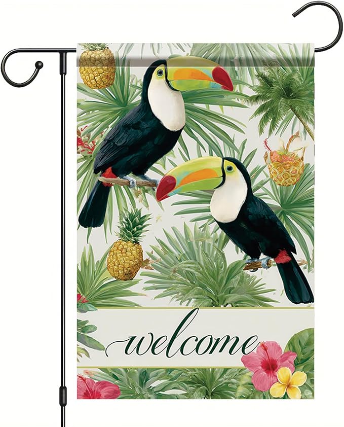 Welcome Toucan Garden Flag Tropical Bird Pineapple Palm Leaves Outdoor Yard Porch Lawn Garden Decor for Summer Island Patio Farmhouse Coastal Seasonal Home Display