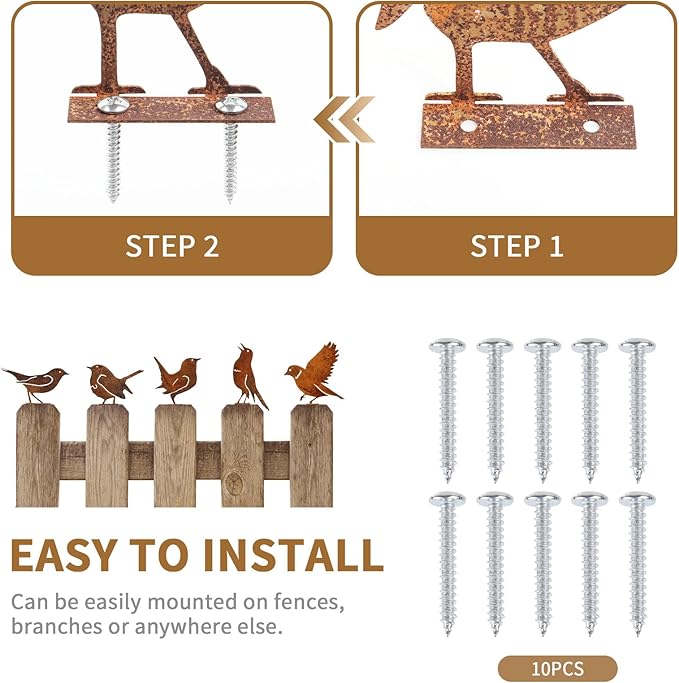 Geila 5PCS Rusty Birds Decoration, Fence Decorations Outdoor, Metal Birds Yard Decor Perfect Yard Art and Large Outdoor Ornaments (D)