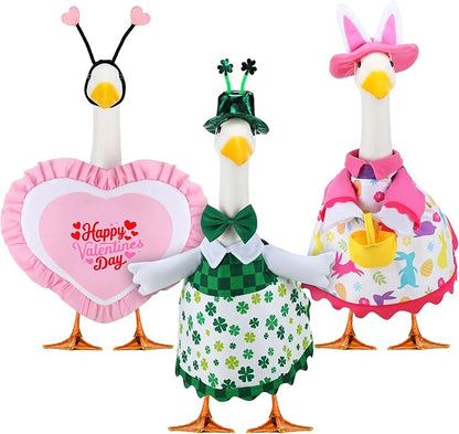 Abbylike 3 Set St. Patrick's Day Porch Goose Outfits Easter Spring Yard Goose Clothes Valentine's Day Lawn Costume for 23 Inch Cement Patio Garden Outdoor Statue Decor