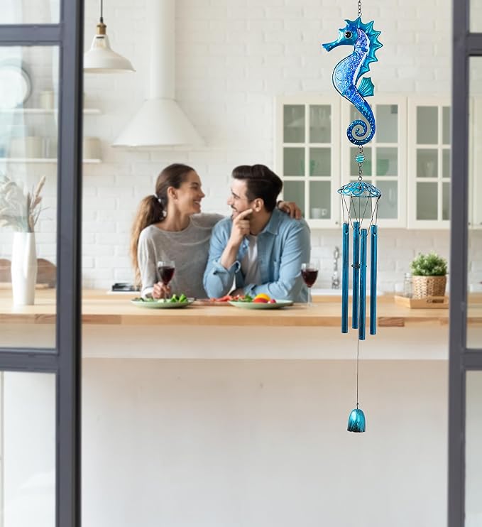 CoTa Global Blue Seahorse Wind Chime - Handcrafted Glass and Metal Chime - Hanging Seahorse Decoration for Indoor and Outdoor Spaces, Hanging Ocean Animal Windchime Decor Gift - 35 Inches