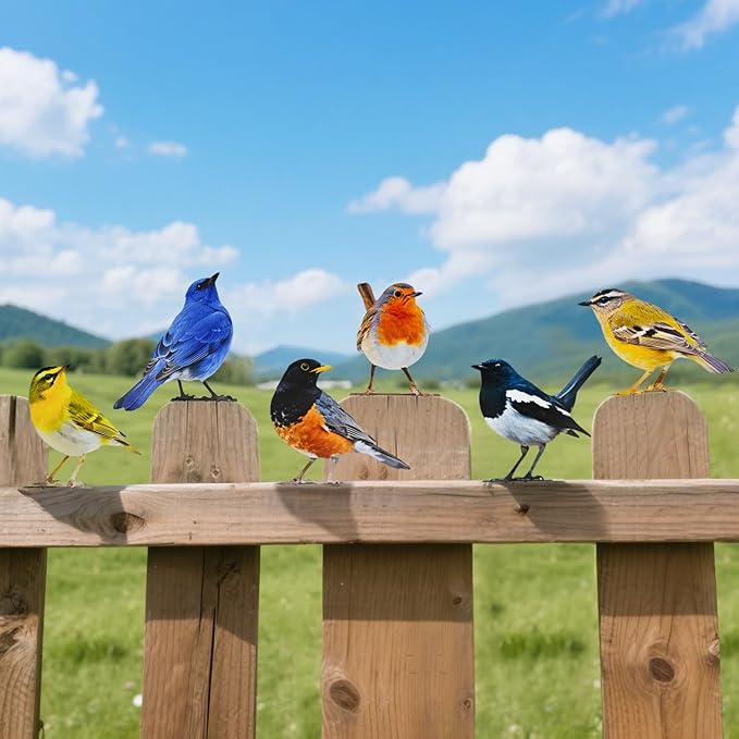 6 pcs Vivid Birds Decoration Metal Birds Fence Decorations Double-Sided Printed Birds Yard Decor Outdoor Bird Wall Decor Suitable for Bird 2D Sculptures Garden and Rustic Garden Decor
