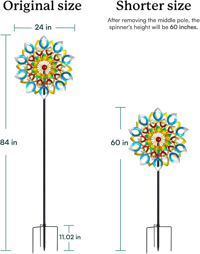 Yard Garden Wind Spinners with Stake - Large Outdoor Metal Wind Spinners, Lawn Yard Art Garden Decor (24" W x 84" H)