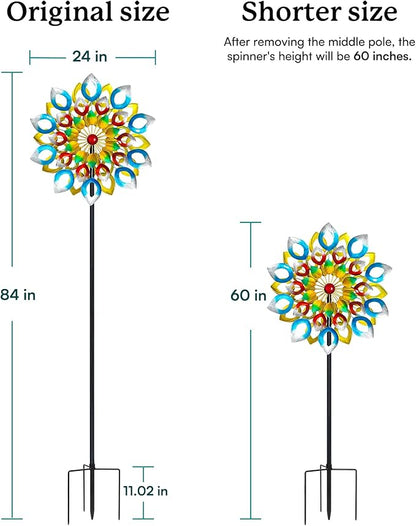 Yard Garden Wind Spinners with Stake - Large Outdoor Metal Wind Spinners, Lawn Yard Art Garden Decor (24" W x 84" H)