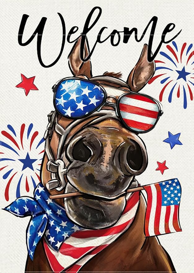 Welcome 4th of July Donkey Patriotic Decorative Garden Flag, America USA Stars Stripes Independence Day Yard Outside Decorations, American Firework Outdoor Small Home Decor Double Sided 12 x 18