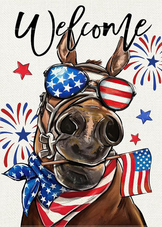 Welcome 4th of July Donkey Patriotic Decorative Garden Flag, America USA Stars Stripes Independence Day Yard Outside Decorations, American Firework Outdoor Small Home Decor Double Sided 12 x 18