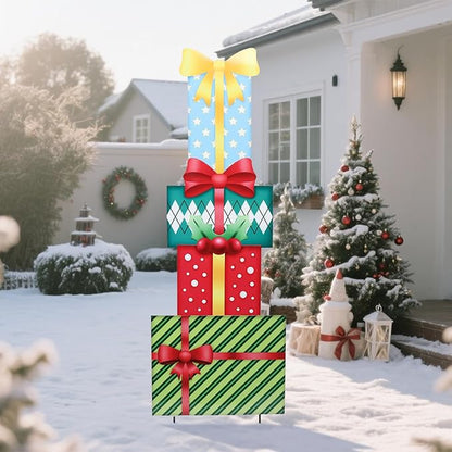 WONDER GARDEN Christmas Yard Signs, Metal Gift Boxes Yard Stakes Christmas Outdoor Decorations Freely Mix and Match for Xmas Holiday Outdoor Garden Lawn Pathway Decor