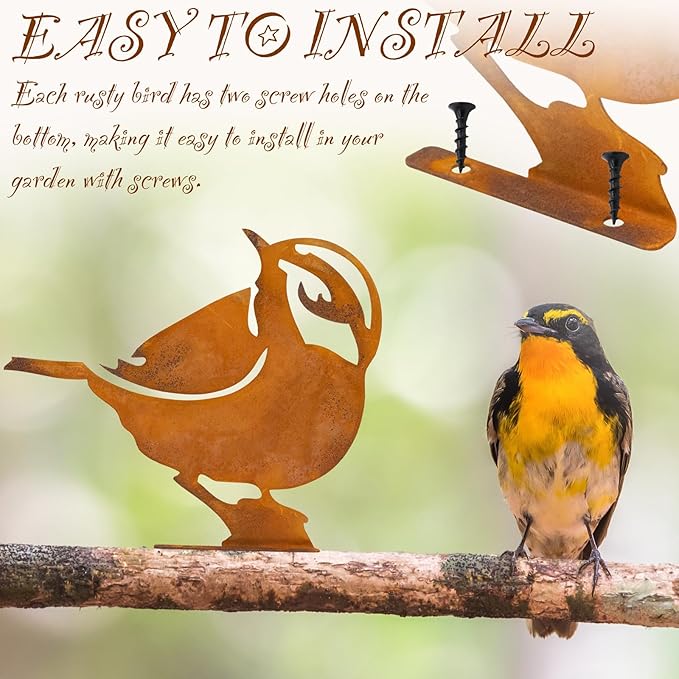 LhyBtm 5 Pcs Rusty Birds Decoration Silhouette with Rusty Patina Birds Decoration Outdoor Fence Decorations Lifelike Metal Birds Garden Ornaments Silhouette Rustic Outdoor Patio Yard Adornment