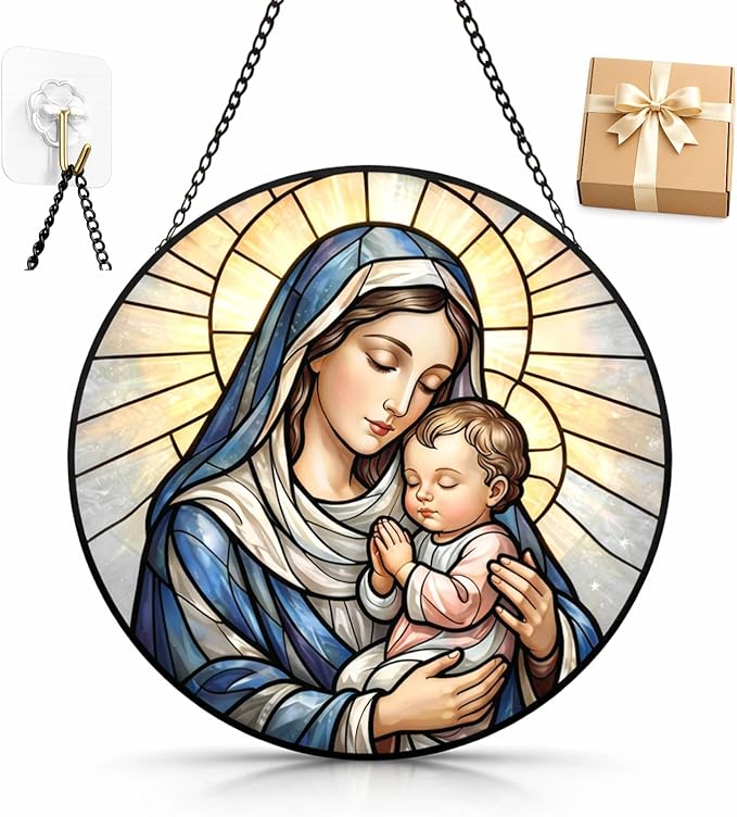 Madonna and Child Stained Glass Suncatcher Window Hanging, 7.8" Catholic Faith Gift for Mom Grandma Women, Religious Decor for Window, Prayer Room, Sunroom, Office