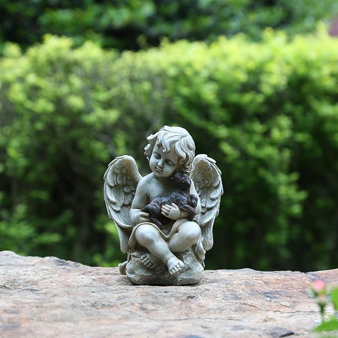 DUSVALLY Angel Sculpture with A Little Dog in Arms, Garden Resin Statue, Angel Figurine Tabletop Decor, Angel with Wings Statue for Indoor Outdoor