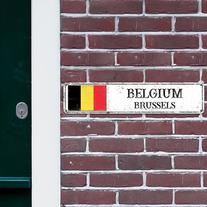 Personalized Belgium Street Sign Belgium Flag Metal Sign Capital City of Belgium Metal Tin Sign Road Wall Art Rustic Country City Indoor & Outdoor Decor for Home Man Cave Door Porch Garden 18x4in