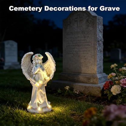 VEEKI Solar Angel Garden Statue Outdoor, Praying Angel Statues Solar Figurine Lights Outdoor Waterproof, Resin Angel Sculpture for Garden Yard Lawn Grave Cemetery Decor, Gift for Mom Grandma Women