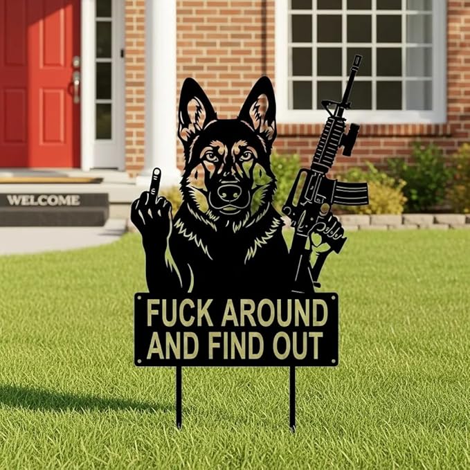 F Around & Find Out Dog Sentry Metal Dogs Silhouette Garden Stake with Middle Finger &Weapon Sign, FAFO Security Sign Middle Finger Dog Statue Decor for Outdoor Yard Patio (German Shepherd, 6 * 12")