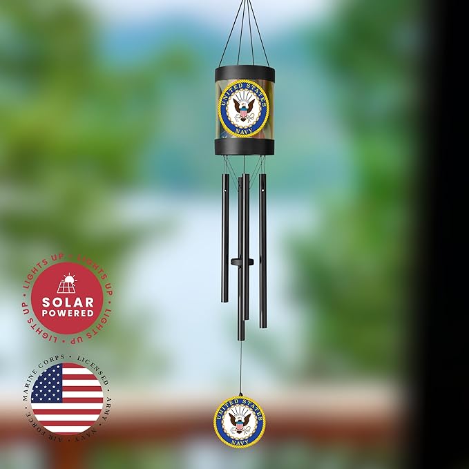 Red Carpet Studios Outdoor Chimes Black Metal Military LED Solar Wind Chime, 30" Long, Navy
