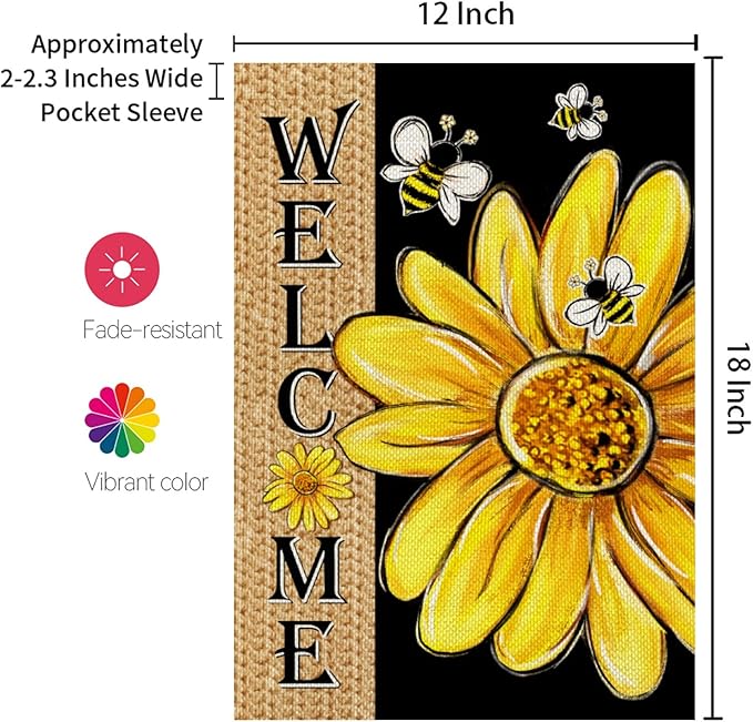 CROWNED BEAUTY Spring Summer Garden Flag Daisy Bee Welcome 12x18 Inch Double Sided Small Floral Summer Seasonal Holiday Decoration for Outdoor Lawn Yard