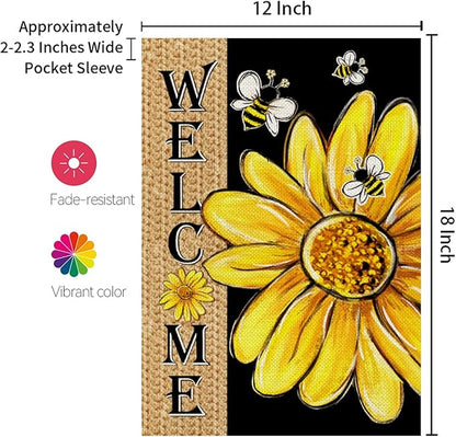 CROWNED BEAUTY Spring Summer Garden Flag Daisy Bee Welcome 12x18 Inch Double Sided Small Floral Summer Seasonal Holiday Decoration for Outdoor Lawn Yard