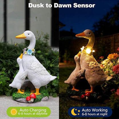 Porch Goose Statue Outdoor, Solar Garden Statue Goose Figurine Lights Outdoor Waterproof, Resin Outdoor Sculpture for Yard Porch Patio Lawn Garden Decor, Unique Gifts for Mom Grandma Women