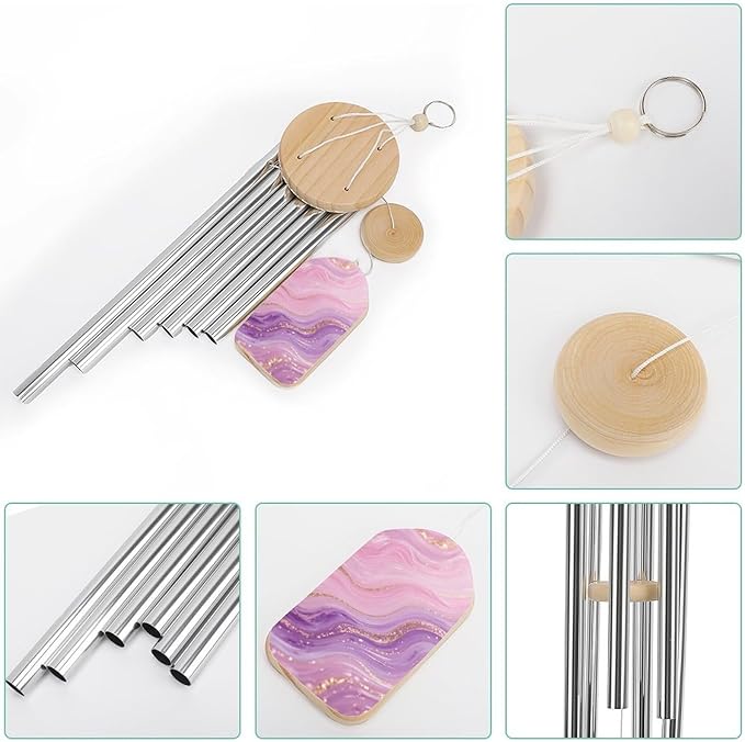 Pink Purple Marble Wind Chime 20.5 Inch, Wooden & Metal Windchime for Outdoor Garden Indoor Home Decor, Memorial Gift Wind Bell with Relaxing Sound for Patio Yard Bedroom