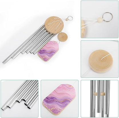 Pink Purple Marble Wind Chime 20.5 Inch, Wooden & Metal Windchime for Outdoor Garden Indoor Home Decor, Memorial Gift Wind Bell with Relaxing Sound for Patio Yard Bedroom