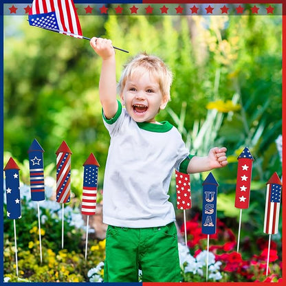 CroBlissful 8 Pcs 4th of July 250th Garden Stake Metal USA Flag Yard Sign Patriotic Decor for Independence Day Memorial Day Metal Plant Stick Outdoor Lawn Garden Home Yard Decorations(Rockets)