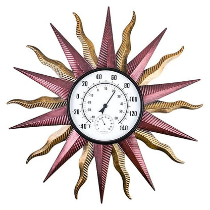 27“ Sun Outdoor Thermometer, Large Metal Thermometer Outdoor Waterproof, Decorative Outdoor Thermometers for Patio, Outside Thermometer with Humidity(Gold)