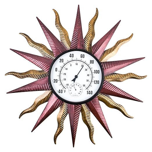 27“ Sun Outdoor Thermometer, Large Metal Thermometer Outdoor Waterproof, Decorative Outdoor Thermometers for Patio, Outside Thermometer with Humidity(Gold)