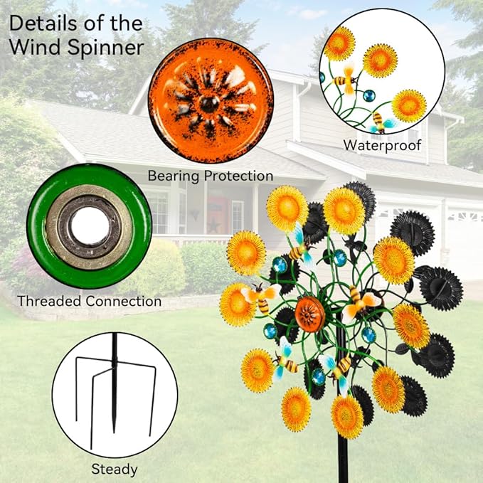 DREAMYSOUL Sunflower Garden Wind Spinner, 58 Inches Tall Metal Kinetic Wind Mills, Decorative Wind Spinners for Yard Garden Outside Patio Lawn Decor