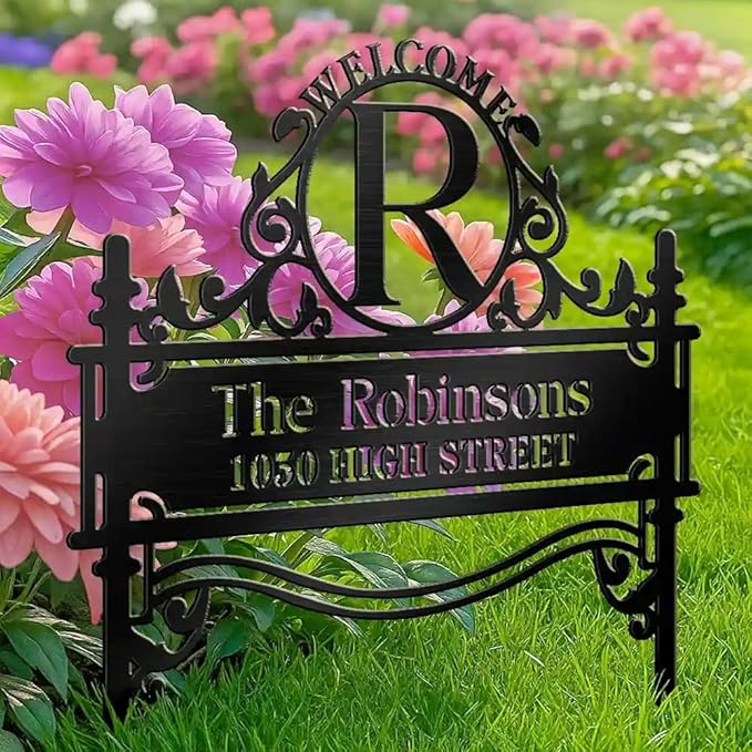 Personalized House Signs for Outside Metal Garden Stake Gift for Family - Custom Family's Name Address Signs for Yard Classic Black - Welcome Home Yard Decorations - Monogram Custom Yard Sign